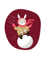 cute bunny in a winter coat, mittens, and boots rides on a big snow globe. And he's holding a Bengal fire in his hands. Vector illustration