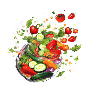 Glass salad bowl in flight with vegetables: tomatoes, peppers, cucumbers, onions, dill and parsley.
