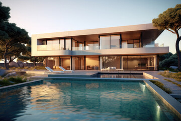Fototapeta premium Modern rectangular multi-storey villa with swimming pool. Ai generative