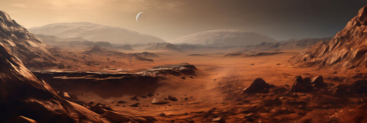 Landscape of unknown red planet surface with craters and mountains, banner, generative AI