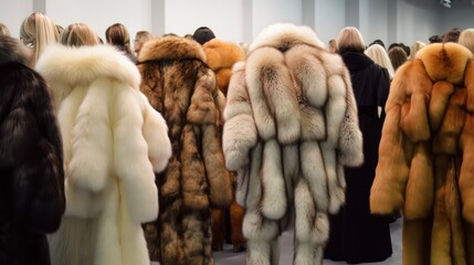 a large assortment of fur coats in a row on a hanger in the store. Women's fashion, natural fur clothing. Oversupply and Overproduction. Generative AI