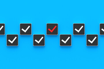 False changing. Red check mark on button. Incorrect choice concept. Wrong decision. Negative action. Falsification of results. Complete failure. Invalid vote. Bad idea. Failed task. 3d render