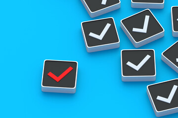 Unsuccessful check. Red check mark on button. Reject startup project. Unacceptable offer. Contract cancellation. Cancel action. Deny agreement. Mistakes made. Banned document. 3d render