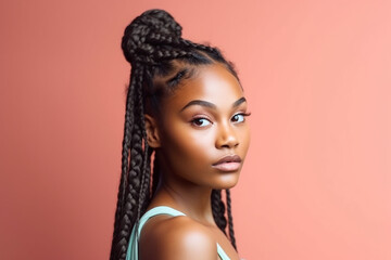 Pretty young afro-american woman with braids on the coral color background. Generative AI - obrazy, fototapety, plakaty