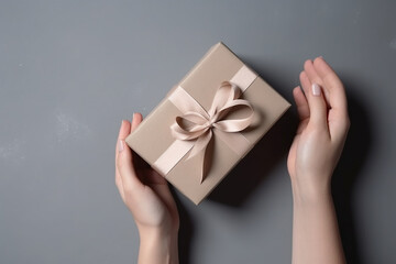 Woman hands holding a neutral color giftbox on the grey background. Generative AI
