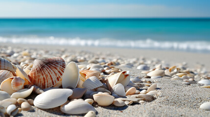 Seashells closeup on a seaside, sea background. Generative AI