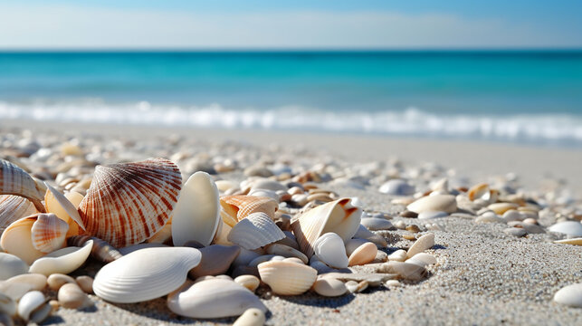 Seashells closeup on a seaside, sea background. Generative AI
