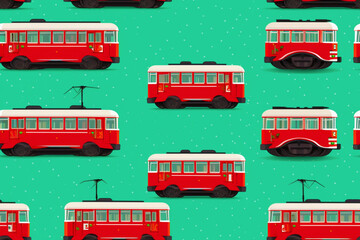 seamless pattern . Bright red tram on a green background walking on iron rails. Generative AI