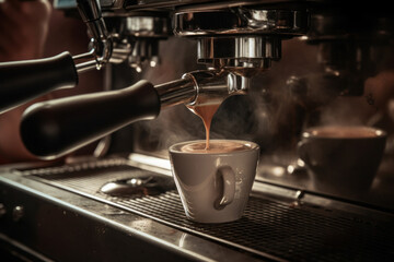 Professional coffee machine creating a perfectly brewed cup of espresso, with a touch of barista-level skill. Satisfy your caffeine cravings. AI Generative