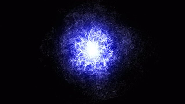Blue energy orb background animation. 3d abstract energy sphere ball with blue power rays on dark background. Nuclear energy, Big Bang, Supernova. Science, technology, innovations, Universe. 4k. 