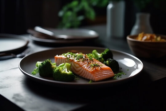 Generative AI - A piece of salmon in the plate with broccoli as side dish