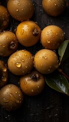 Fresh organic for healthy food and diet marula with water drops. Fresh brown marula top view. Juicy marula for a magazine. Black background. Wallpaper. Generative AI.