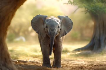 Fototapeta na wymiar Adorable Baby Elephant in its Natural Habitat: Realistic Animation, AI generated