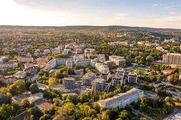 Aerial bird view of Sts. Constantine and Helena Resort seacoast at sunset golden hour. Black sea...