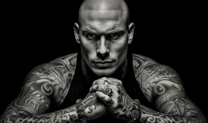 attractive man with tattoos and intimidating look. Man tattooed and looking badass in black background. Generative Ai