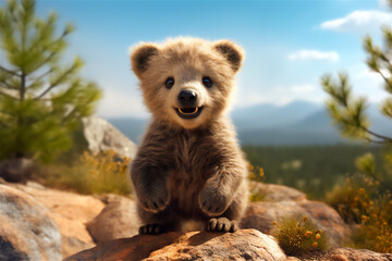 Adorable Little Bear in the Mountain Wilderness, AI Generated