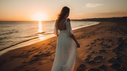 Fototapeta na wymiar Beautiful woman in white dress walking on the beach at sunset. Back view. Summer holidays wedding bride concept 