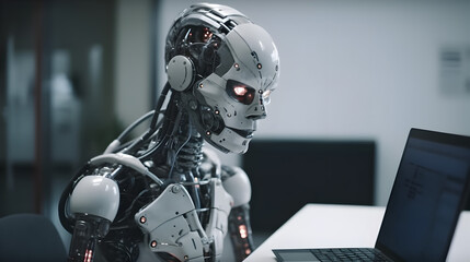 cyborg android Robot working with laptop in office
