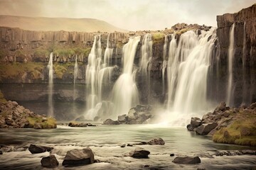Fototapeta premium River and Lush Greenery in a Serene Landscape. Beautiful Waterfall Landscape