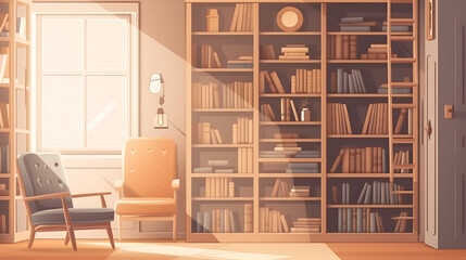 scandinavian bookcase with armchair in modern cozy interior of room. Home library with book shelf 