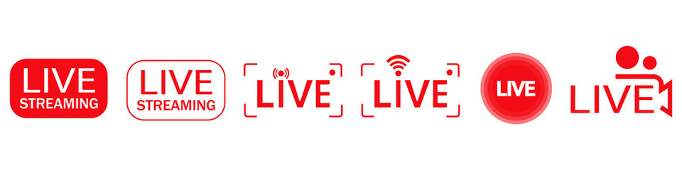 Red live broadcast icons. Vector isolated icons. Live broadcast on social media, live broadcast on TV channels. Social media stories. Live video streaming concept. EPS10