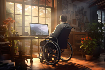 A man in a wheelchair sits at a laptop.
