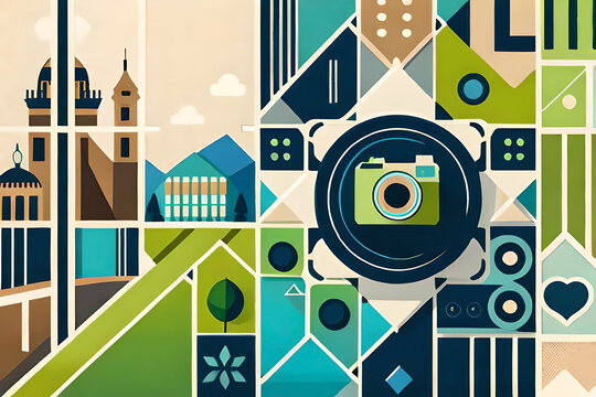 A simple and elegant World Photography Day banner with a camera icon in the center, surrounded by different geometric shapes and patterns in various shades of blue and green