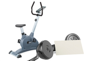 Exercise bike with blank business card and retro phone receiver. 3D rendering