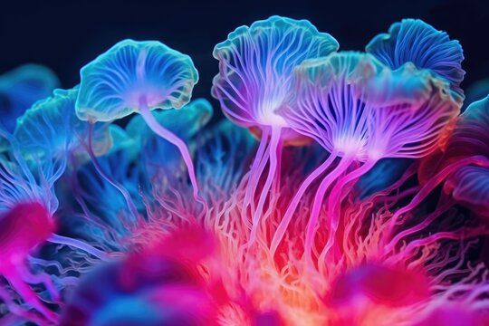 Fungus mycelium network texture in neon colors