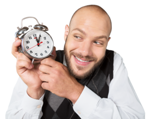 Creative funny pensive businessman with alarm clock with concept strategy