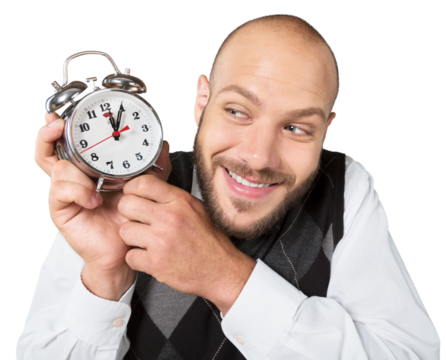 Creative funny pensive businessman with alarm clock with concept strategy