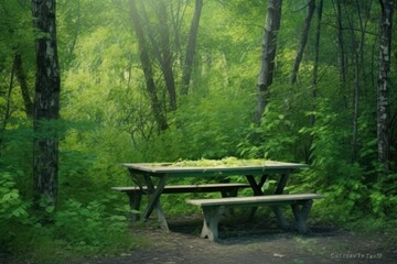 Fototapeta premium Outdoor Picnic family table in rural wooded forest