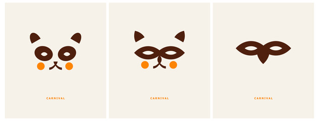 3 Funny Minimalist Posters with Carnival Animals. Cute Vector Illustration with Brown-Orange Icon of Head of Panda Bear, Raccoon and Owl Wearing Carnival Mask. Simple Printable Designs. RGB Colors.
