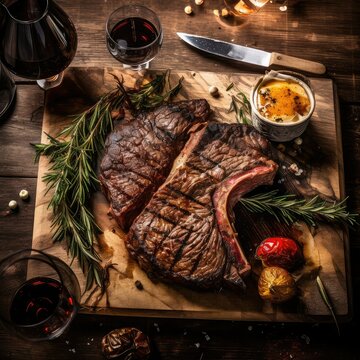 A plate of bistecca alla fiorentina, grilled steak with herbs.