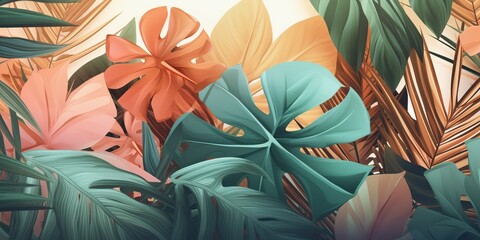 AI Generated. AI Generative. Jungle leaves exotic tropical pastel warm colors pattern. Can be used for decoration or design.Graphic Art