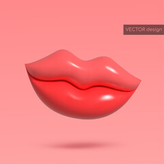 Vector 3d render red plump lips, isolated on pink background. Beauty icon. Vector illustration for postcard, icons, poster, banner, web, design, arts.