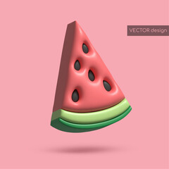 Vector 3d render piece of watermelon, isolated on pink background. Food icon. Red slice with black seeds and green skin. Vector illustration for postcard, icons, poster, banner, web, design, arts.