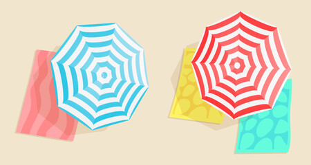 Top view of a cartoon beach red and blue striped umbrellas with pink, blue, yellow towels. Vector illustration for card, party, design, flyer, banner, web, advertising, promotion. © vector zėfirkã