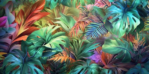 Naklejka na ściany i meble AI Generated. AI Generative. Jungle leaves exotic tropical pastel warm colors pattern. Can be used for decoration or design.Graphic Art