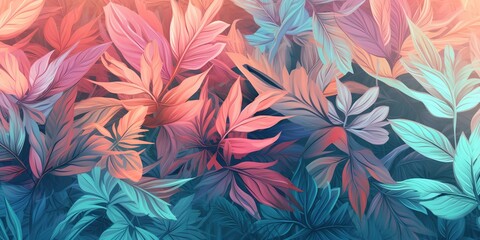 AI Generated. AI Generative. Jungle leaves exotic tropical pastel warm colors pattern. Can be used for decoration or design.Graphic Art