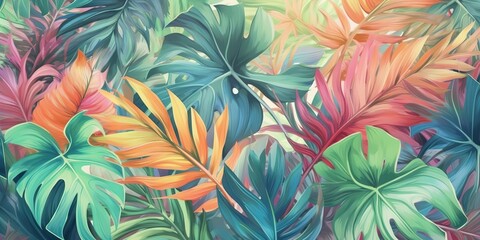 AI Generated. AI Generative. Jungle leaves exotic tropical pastel warm colors pattern. Can be used for decoration or design.Graphic Art - obrazy, fototapety, plakaty
