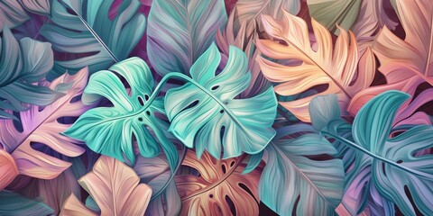 AI Generated. AI Generative. Jungle leaves exotic tropical pastel warm colors pattern. Can be used for decoration or design.Graphic Art