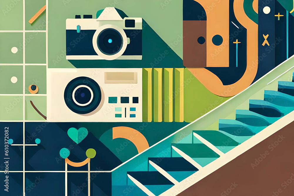 Poster a simple and elegant world photography day banner with a camera icon in the center, surrounded by di