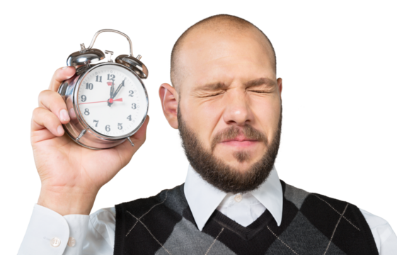 Man holding alarm clock isolated on white background - Powered by Adobe