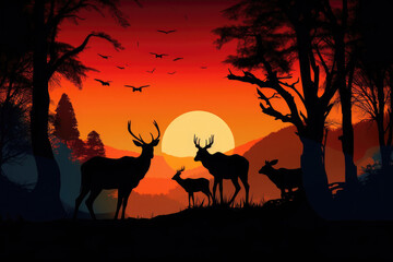 Fototapeta na wymiar Deer silhouettes at sunset. Wild animal in natural landscape. Created with Generative AI