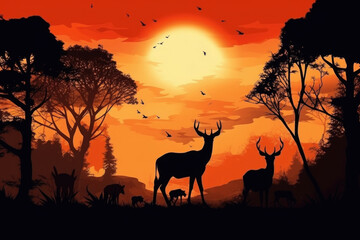 Fototapeta na wymiar Deer silhouettes at sunset. Wild animal in natural landscape. Created with Generative AI