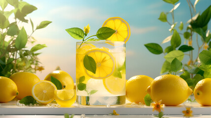 Fresh lemonade with ice and mint in glasses on  table with yellow studio background, Cold summer drink. Sparkling glass with fruit cocktail