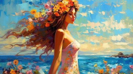 Impressionist painting, girl on summer background. Illustration AI Generative.