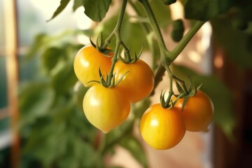 Yellow ripe tomato in garden. Illustration AI Generative.