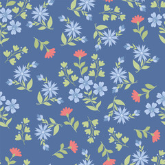 Fototapeta na wymiar Floral seamless pattern. Scattered flowers, plant, branches and leaves on blue background. Vector illustration in flat style.